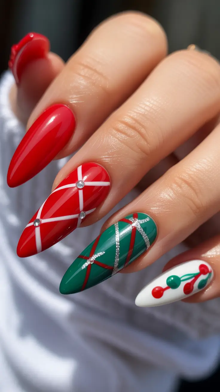 Christmas Nail Art 2025 Festive Plaid and Berry Accents