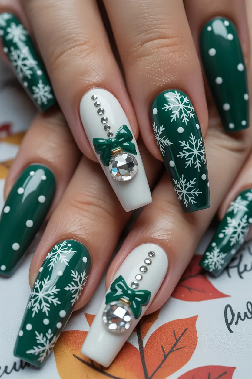 Christmas Nail Art 2025 Green Bows and Winter Sparkle