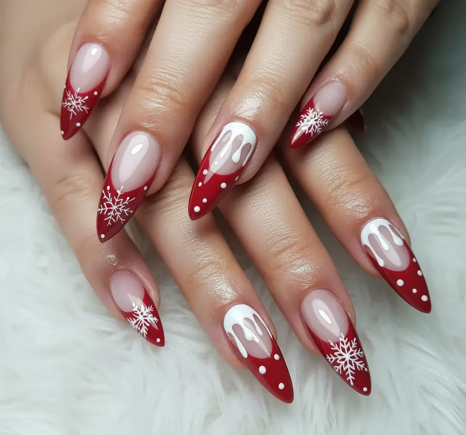 Christmas Nail Art 2025 Dripping Snow and Red Tips