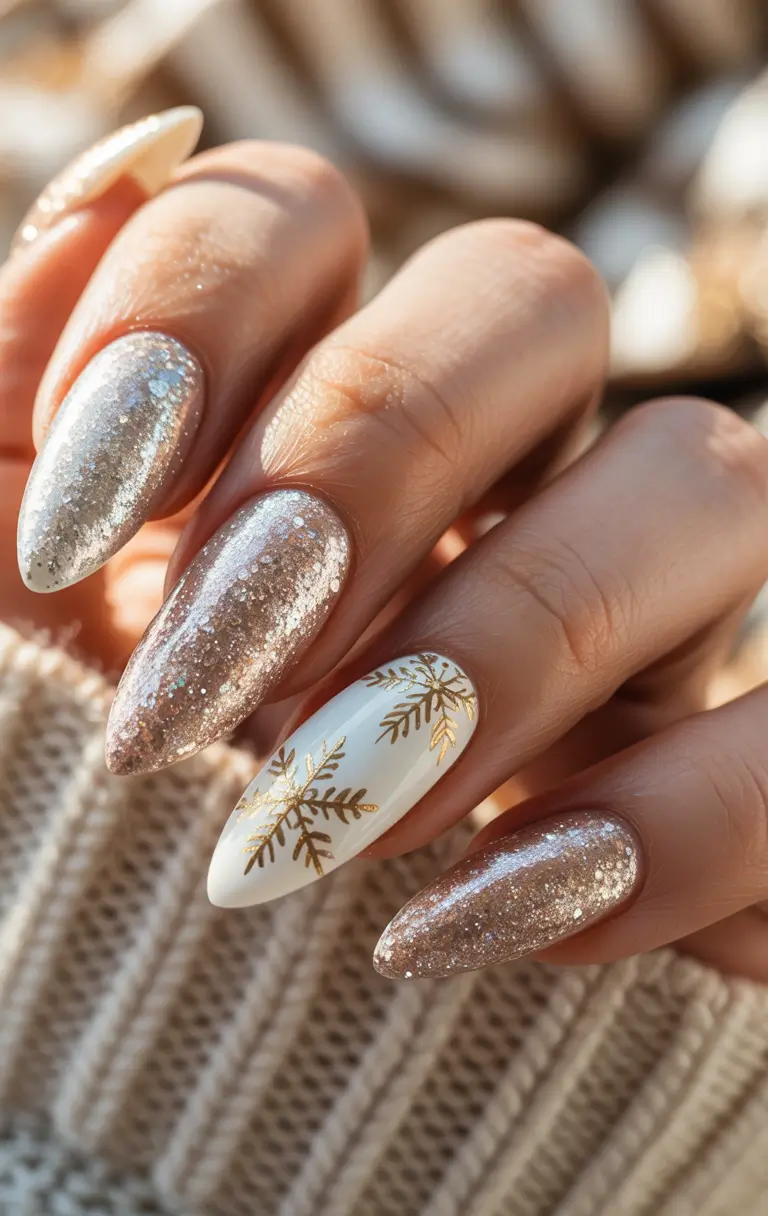 Christmas Nail Color Trends 2025 Golden Snowflakes & Champagne Sparkle