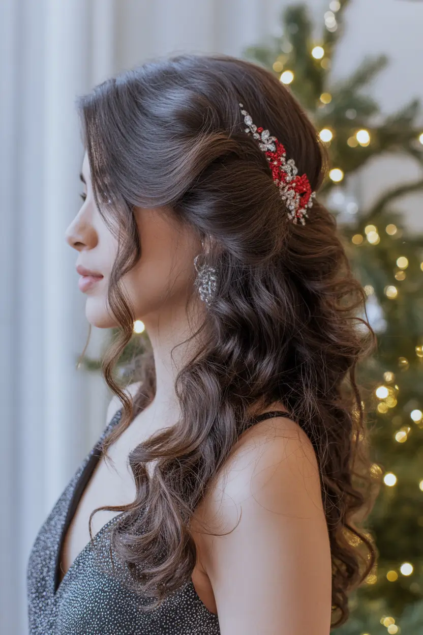 Christmas Party Hairstyles Trends 2025 Romantic Half Up Scarlet Accent