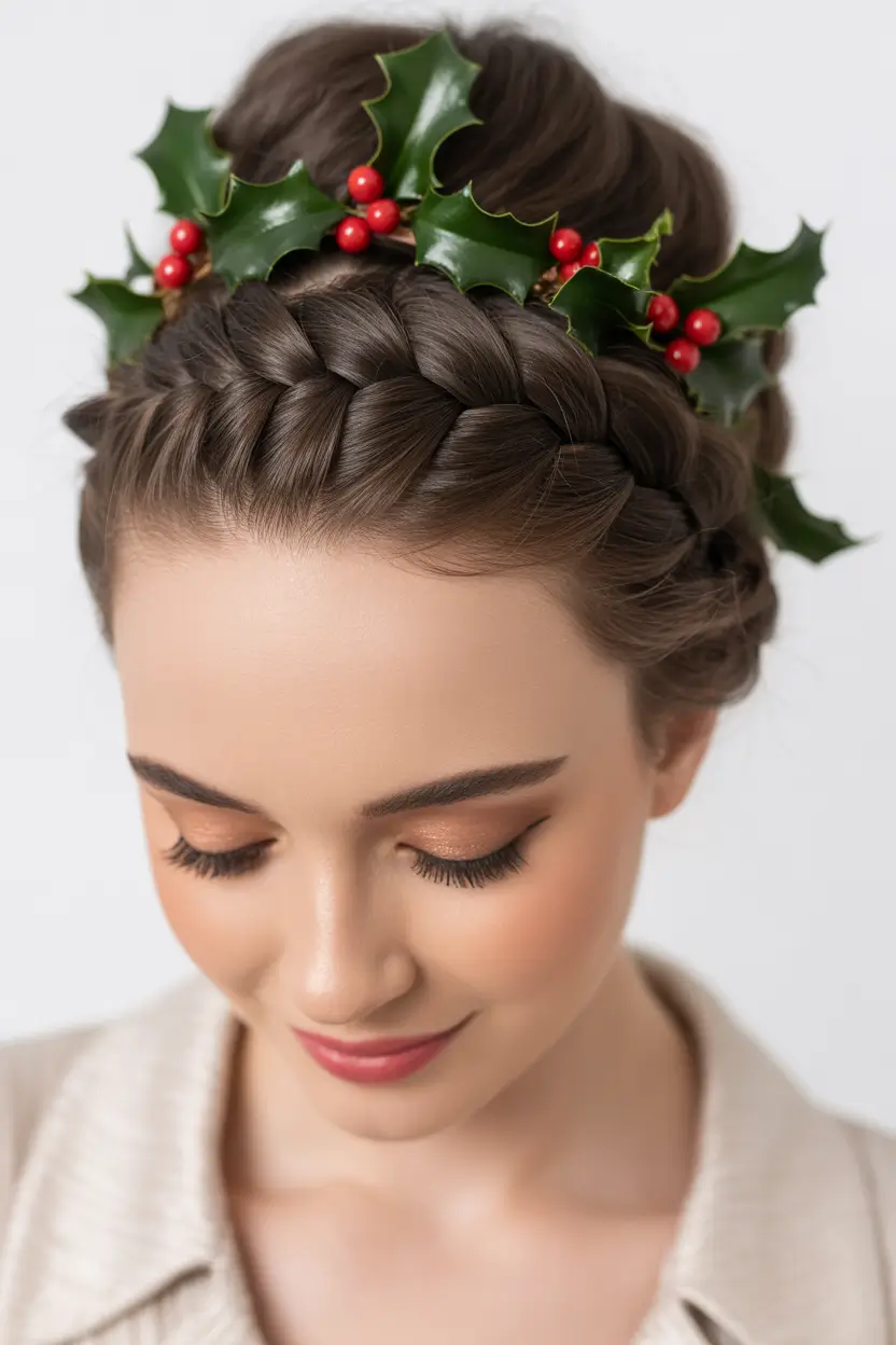 Christmas Party Hairstyles Trends 2025 Braided Crown Holly Garland