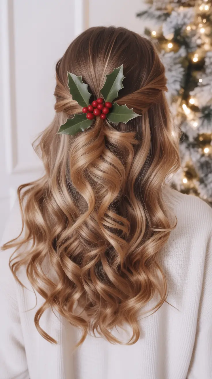 Christmas Party Hairstyles Trends 2025 Golden Half Up Holly