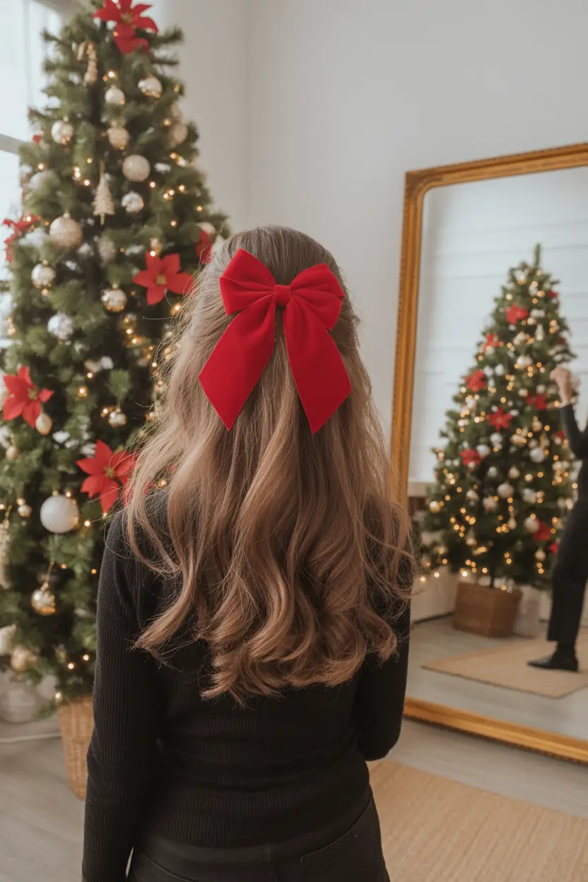 Christmas Party Hairstyles Trends 2025 Classic Half Up Red Velvet Bow
