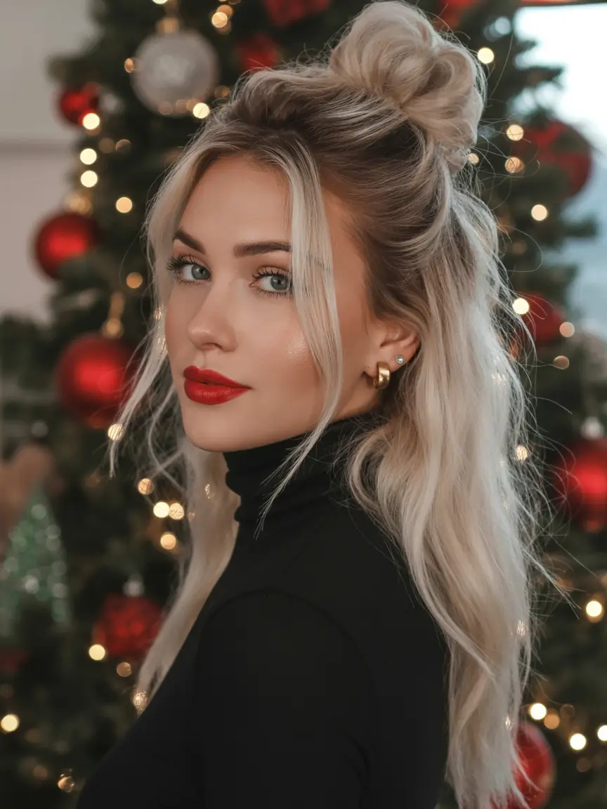 Christmas Party Hairstyles Trends 2025 Half Up Messy Bun