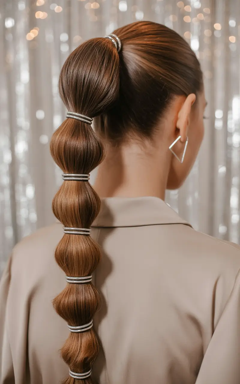Christmas Party Hairstyles Trends 2025 Bubble Ponytail Silver Ties