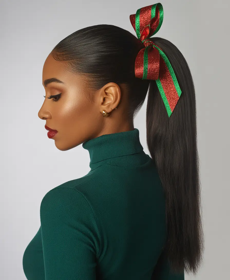 Christmas Party Hairstyles Trends 2025 Sleek Ponytail Bow