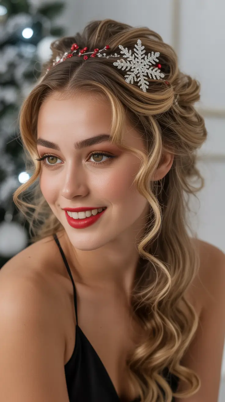 Christmas Party Hairstyles Trends 2025 Half Up Curls Tiara