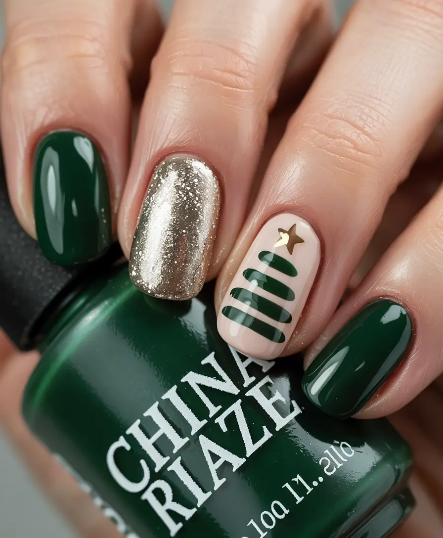Christmas Tree Nails 2025 Golden Green Perfection