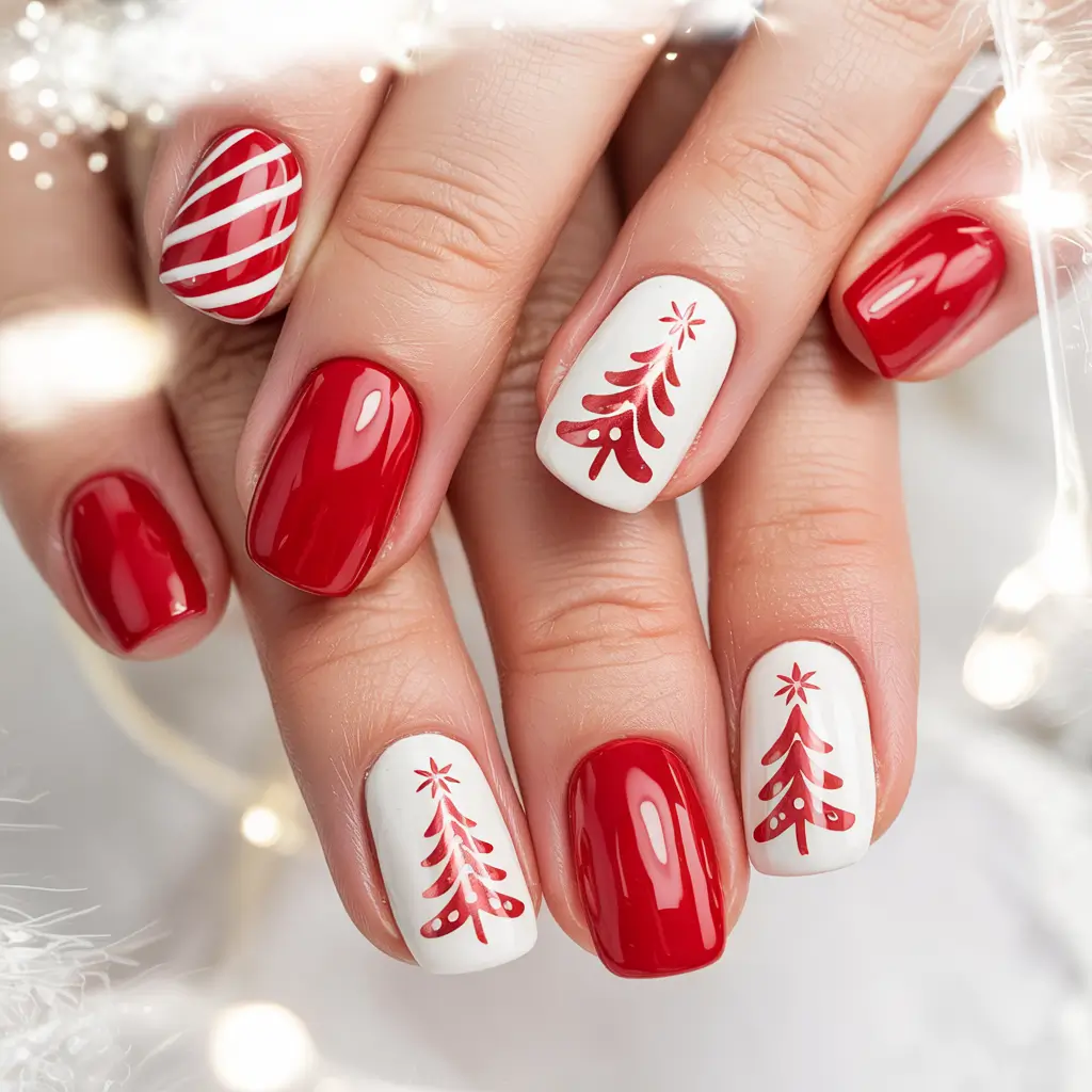 Christmas Tree Nails 2025 Red and White Candy Tree