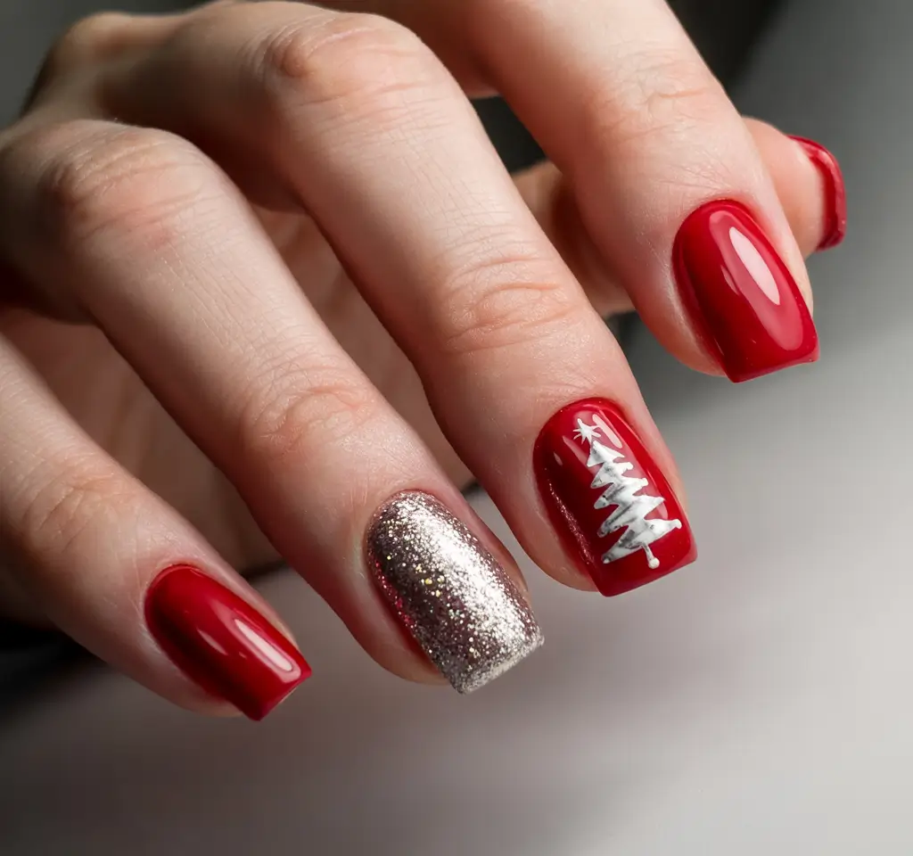 Christmas Tree Nails 2025 Glamorous Red Spark Tree