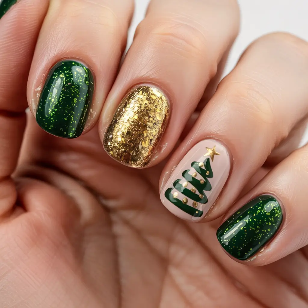 Christmas Tree Nails 2025 Golden Forest Chic