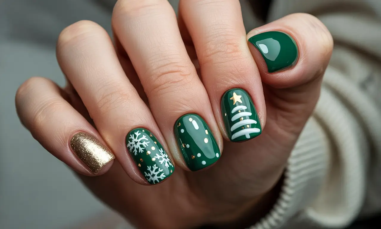 Christmas Tree Nails 2025 Green and Gold Christmas Magic