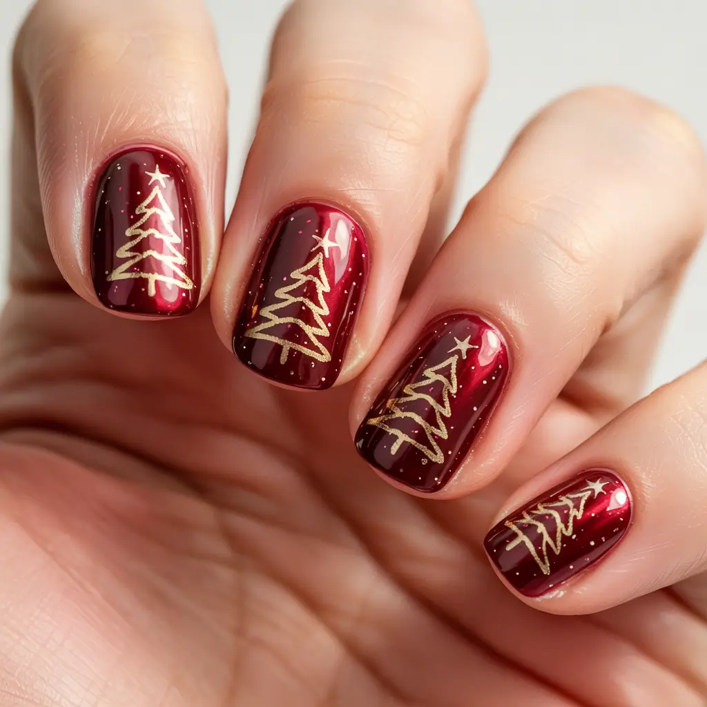 Christmas Tree Nails 2025 Red and Gold Holiday Charm