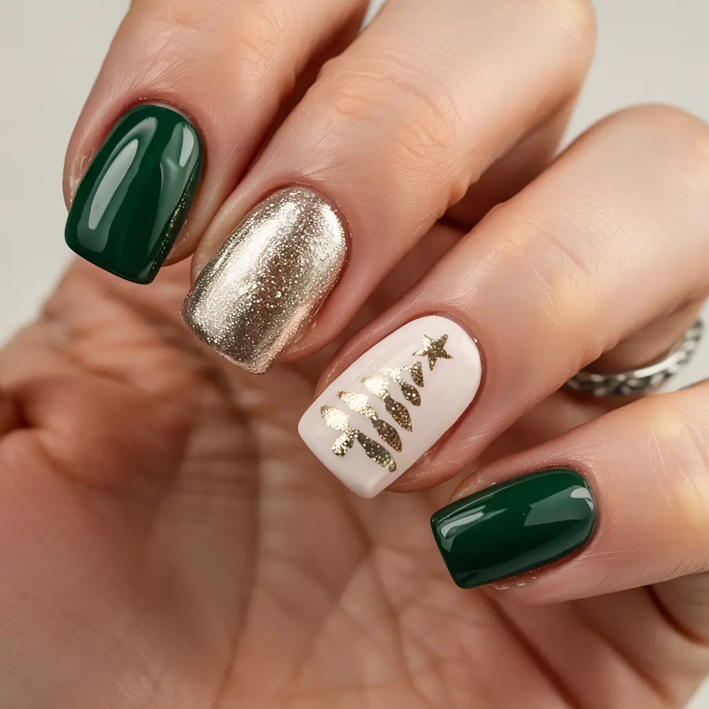 Christmas Tree Nails 2025 White and Gold Elegance