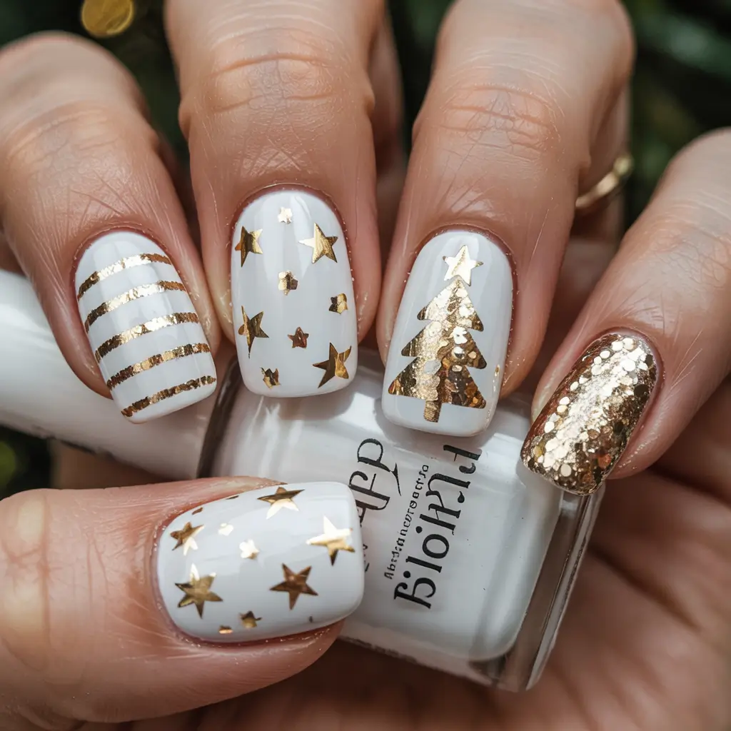 Christmas Tree Nails 2025 Golden Starry Night