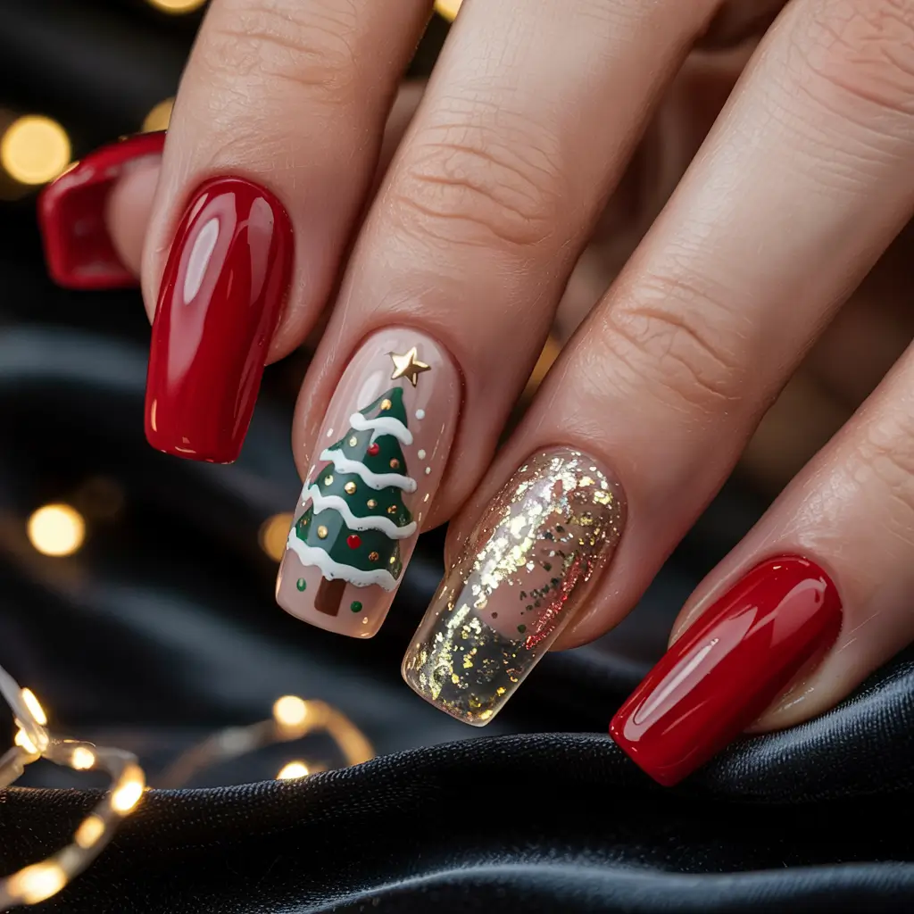 Christmas Tree Nails 2025 Red and Gold Perfection