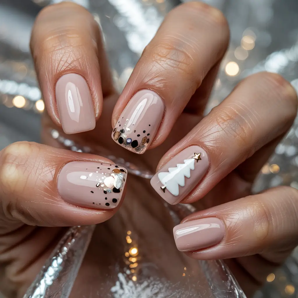 Christmas Tree Nails 2025 Neutral Snow Glow