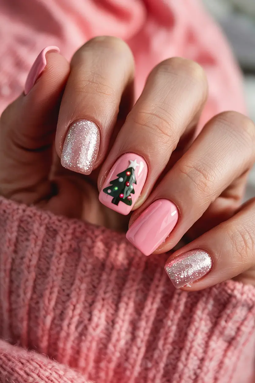 Christmas Tree Nails 2025 Soft Pink Christmas Charm