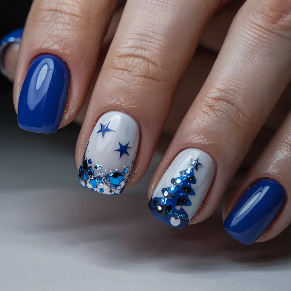 Christmas Tree Nails 2025 Midnight Blue Stars