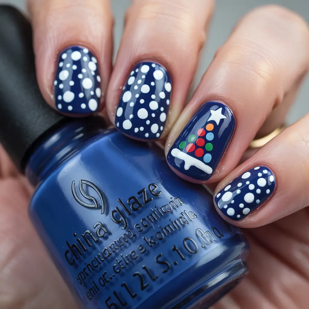 Christmas Tree Nails 2025 Snowy Blue Christmas Trees