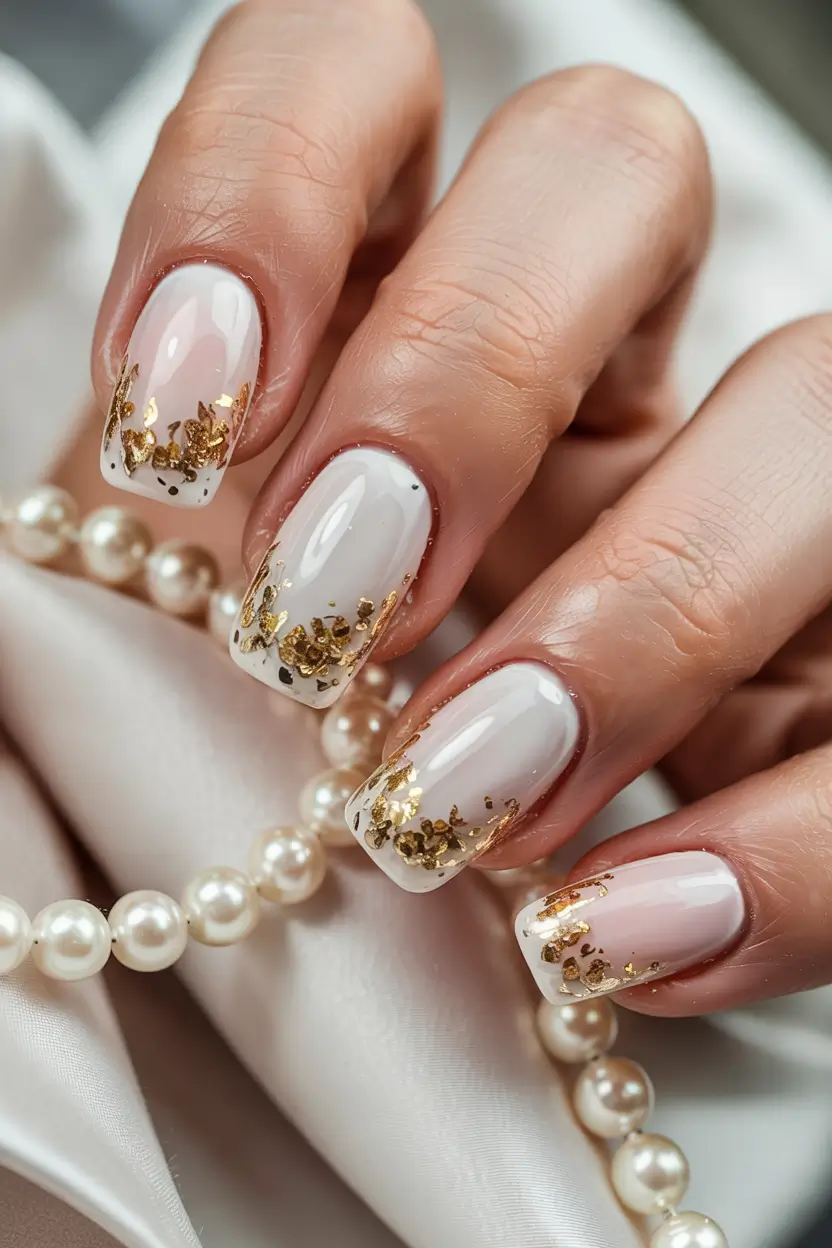 classy winter nails ideas 2025 2026 Golden Flake Elegance