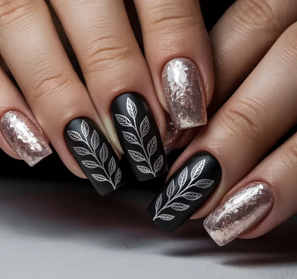 classy winter nails ideas 2025 2026 Matte Noir and Silver Leaves