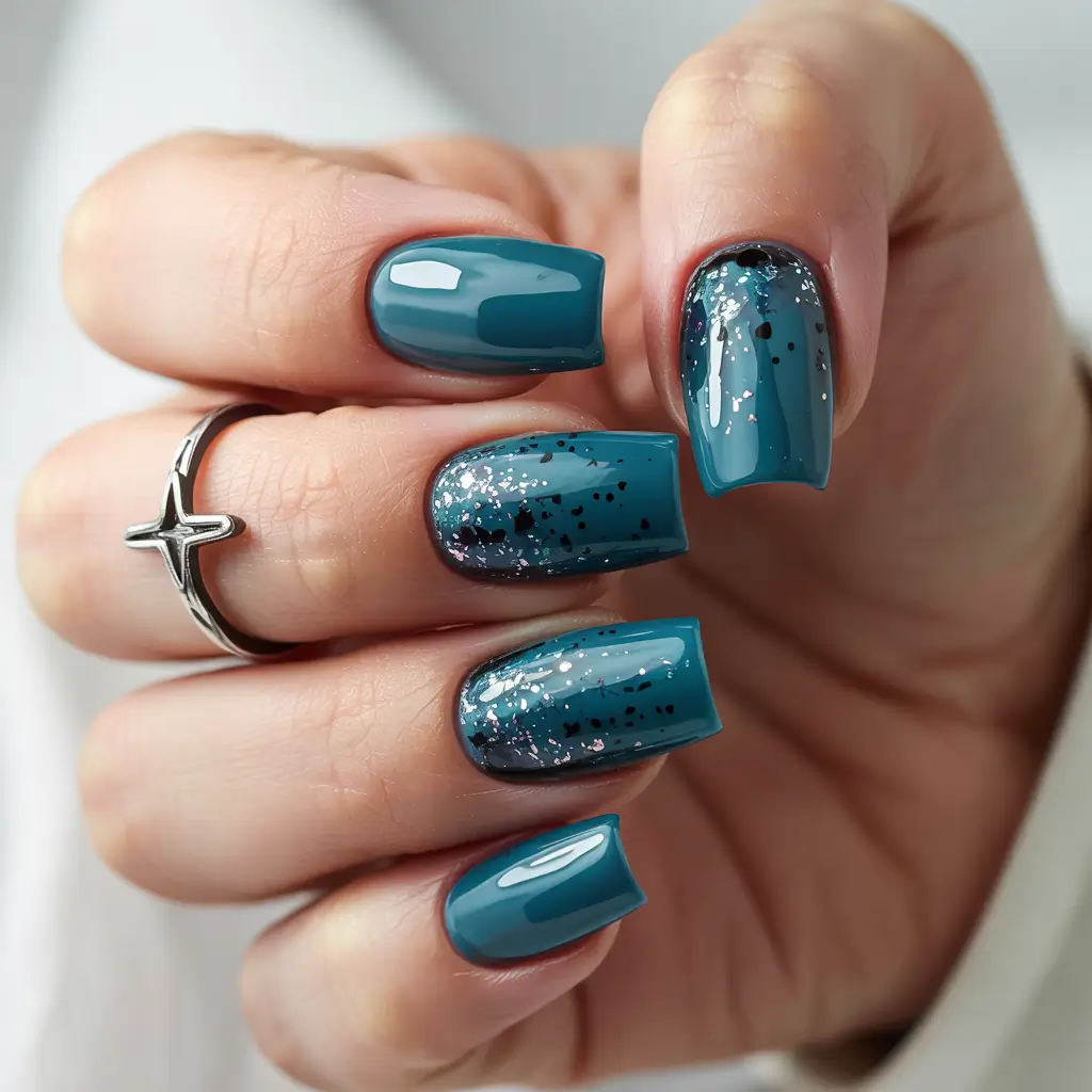 classy winter nails ideas 2025 2026 Nordic Teal Sparkle