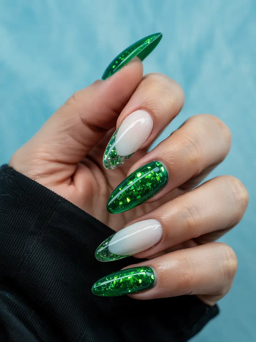 classy winter nails ideas 2025 2026 Emerald Glass Tips