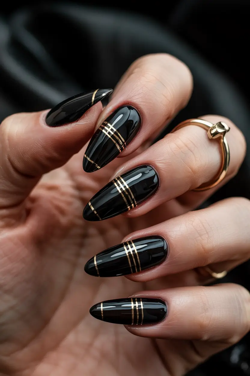 classy winter nails ideas 2025 2026 Midnight Gold Lines