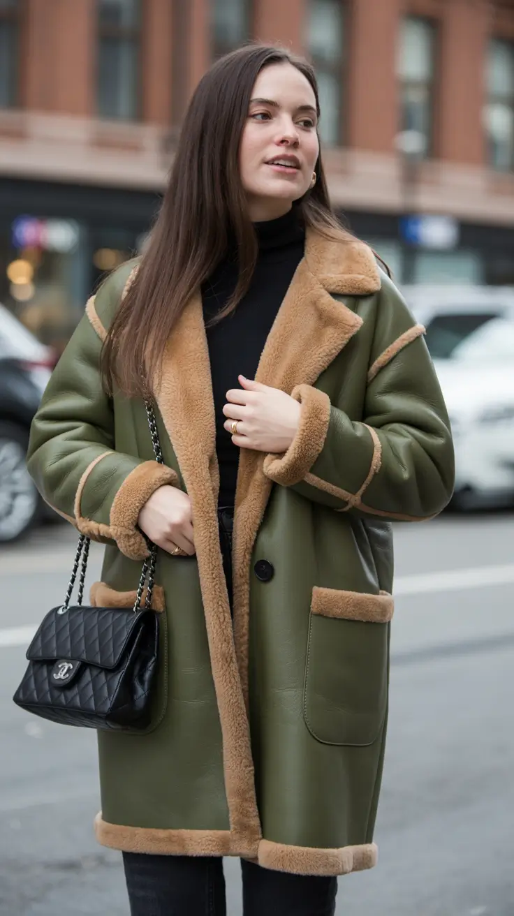 Cozy Outfits to Wear in December 2025 Olive Shearling Sophistication