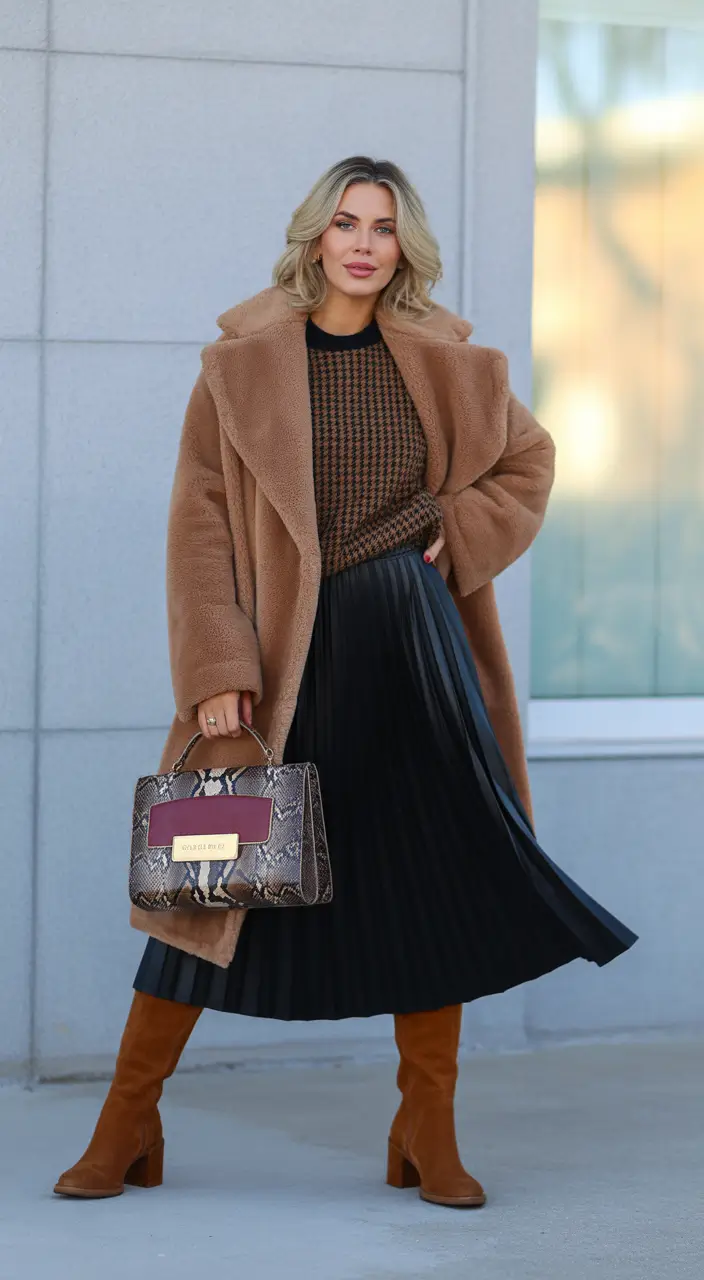 Cozy Outfits to Wear in November 2025 Teddy Coat with Pleats
