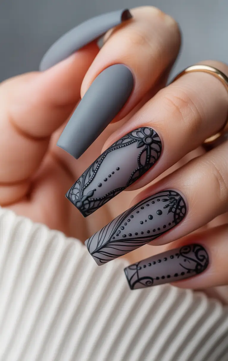 Cute Winter Gel Nails 2025–2026 Matte Gray Lace Elegance