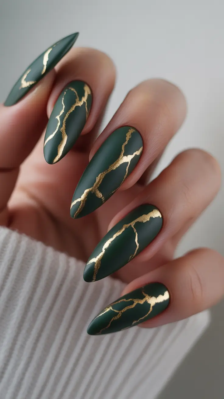 Cute Winter Gel Nails 2025–2026 Emerald Crackle Gold