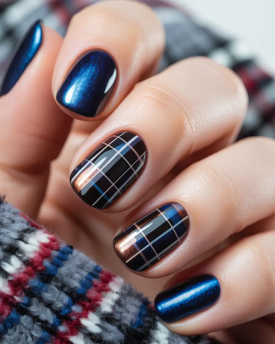 Cute Winter Gel Nails 2025–2026 Cozy Plaid Nights