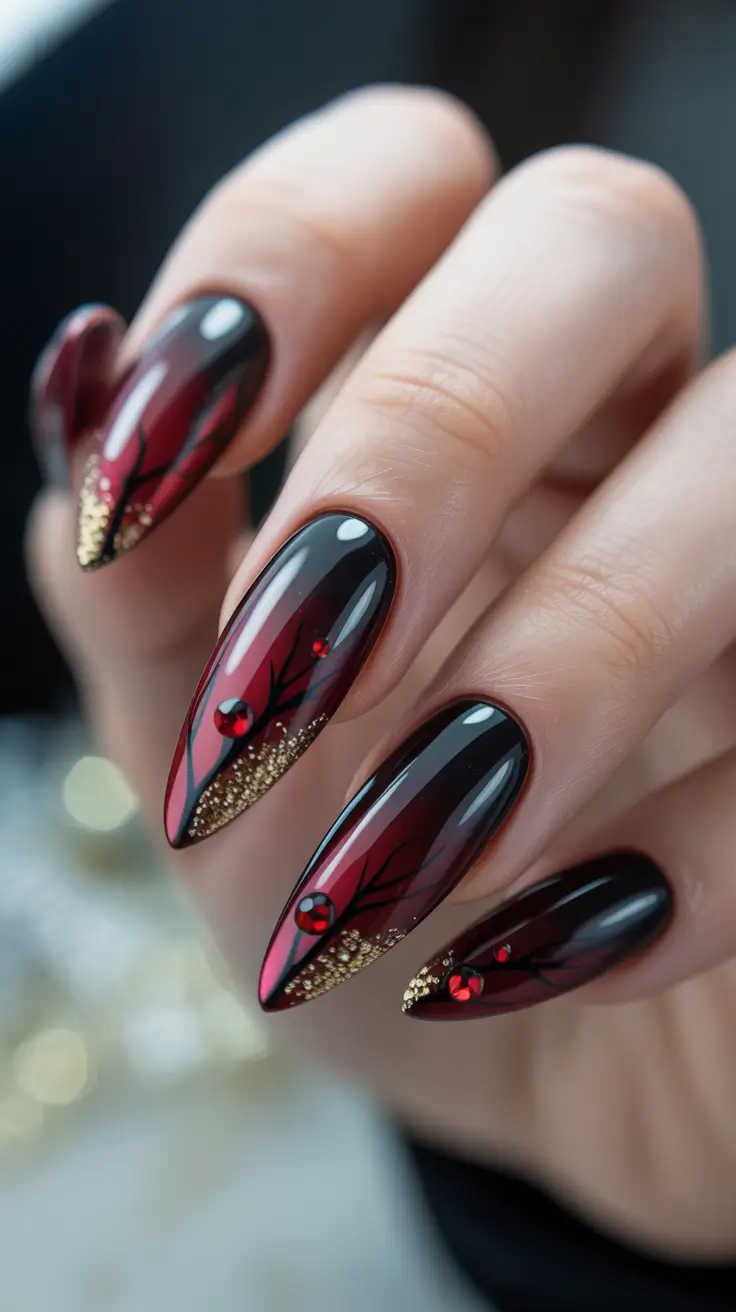 Cute Winter Gel Nails 2025–2026 Crimson Ice Branches