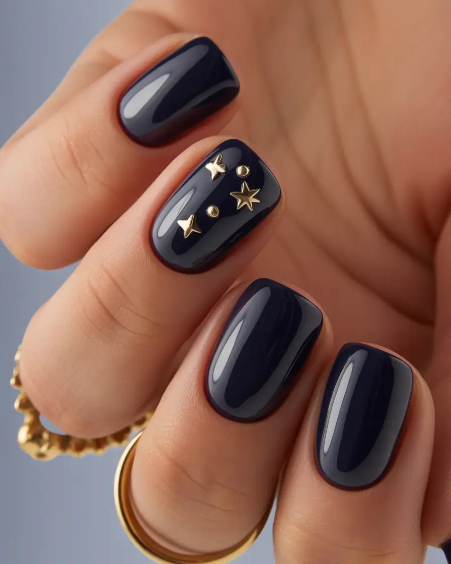 Cute Winter Gel Nails 2025–2026 Midnight Stars Charm