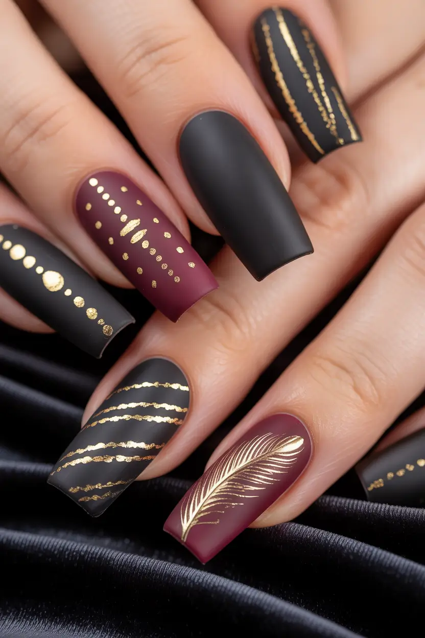 Cute Winter Gel Nails 2025–2026 Burgundy and Gold Velvet