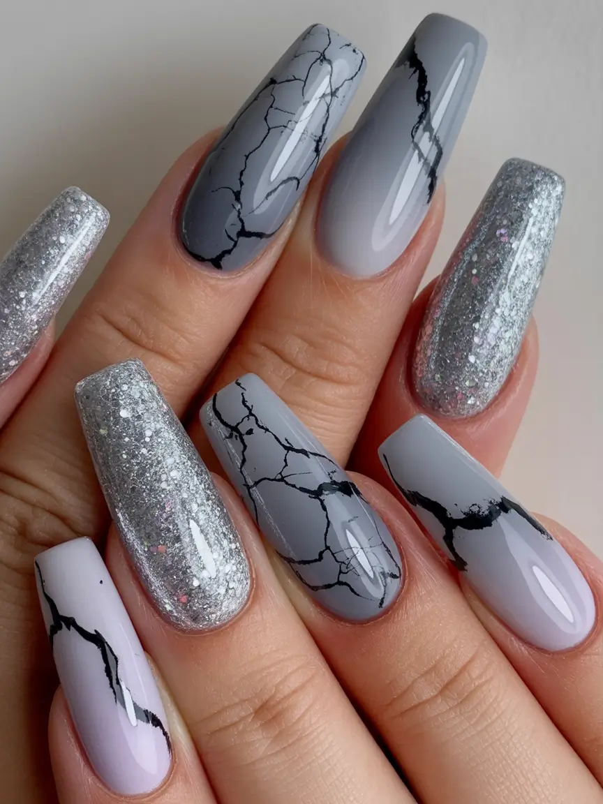 Cute Winter Gel Nails 2025–2026 Frosted Marble Spark