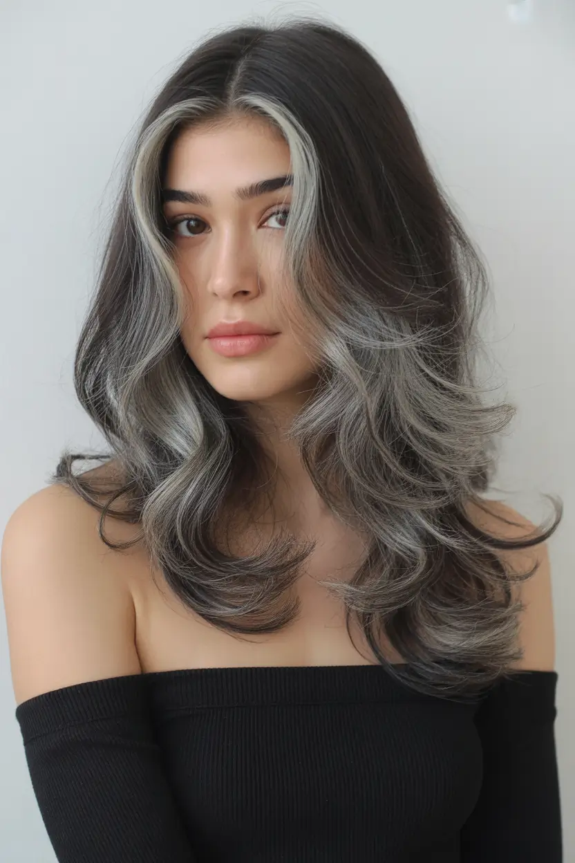 Dark Hair Colors for Winter 2025–2026 Silver Frost Streaks