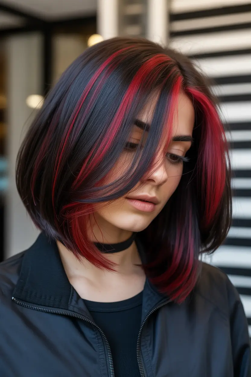 Dark Hair Colors for Winter 2025–2026 Crimson Peekaboo Bob