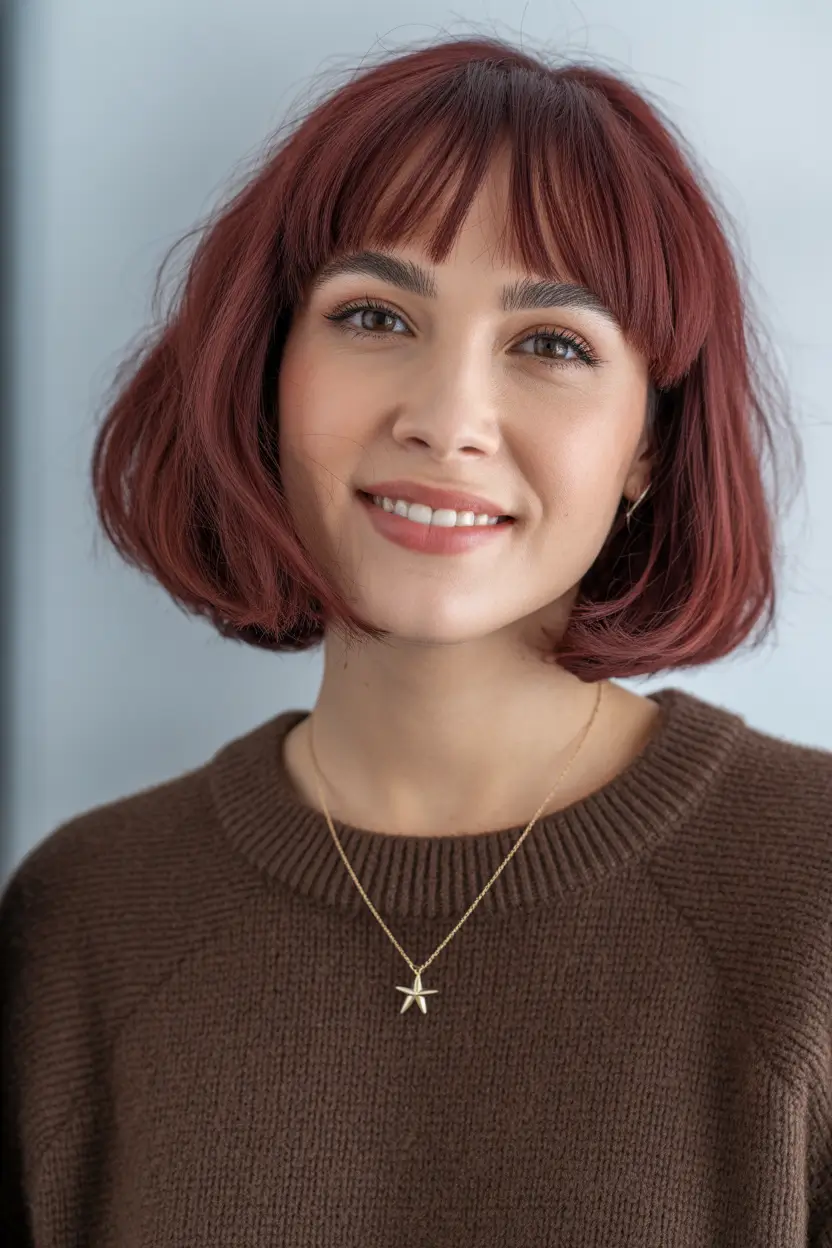 Dark Hair Colors for Winter 2025–2026 Cinnamon Red Bob with Bangs