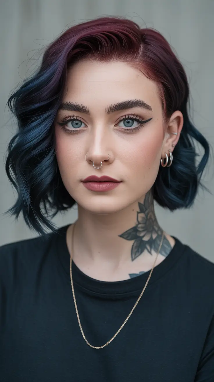 Dark Hair Colors for Winter 2025–2026 Blue and Burgundy Blend
