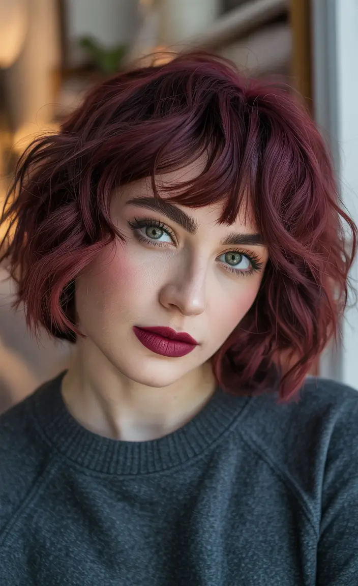 Dark Hair Colors for Winter 2025–2026 Burgundy Curls with Bangs