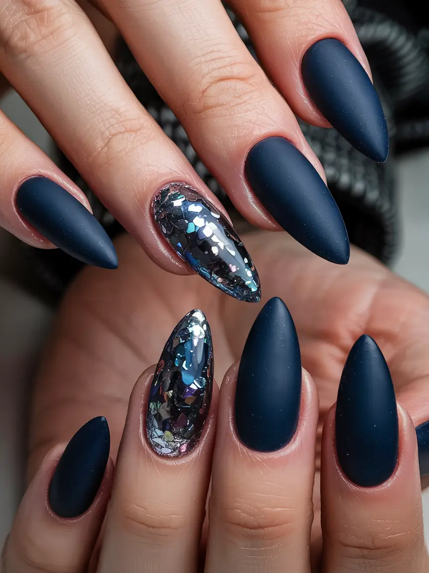 Dark Winter Nails Ideas 2025–2026 Midnight Matte & Silver Foil