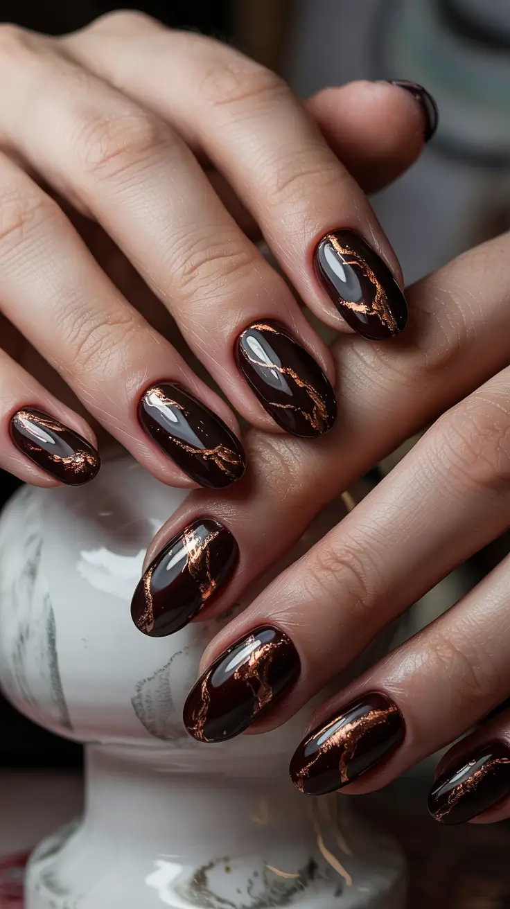 Dark Winter Nails Ideas 2025–2026 Molten Bronze Veins