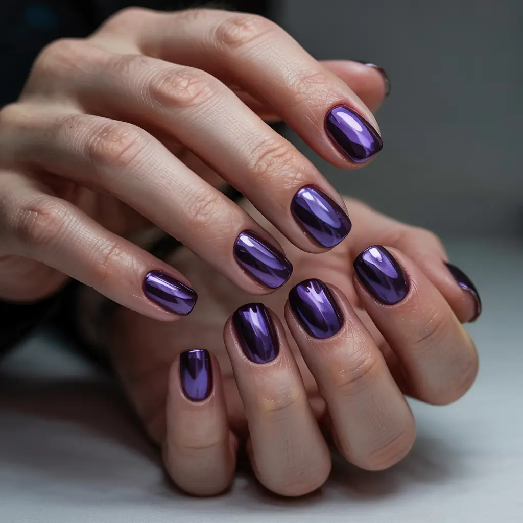 Dark Winter Nails Ideas 2025–2026 Chrome Violet Mirror