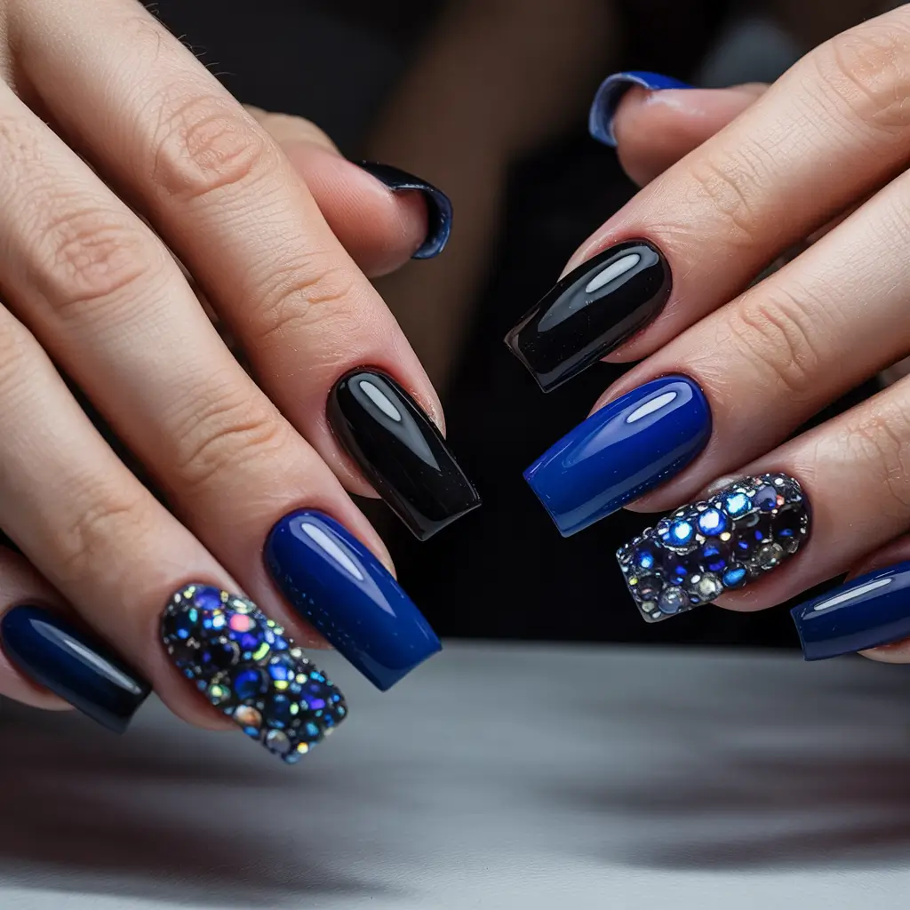 Dark Winter Nails Ideas 2025–2026 Blue Night Embellished