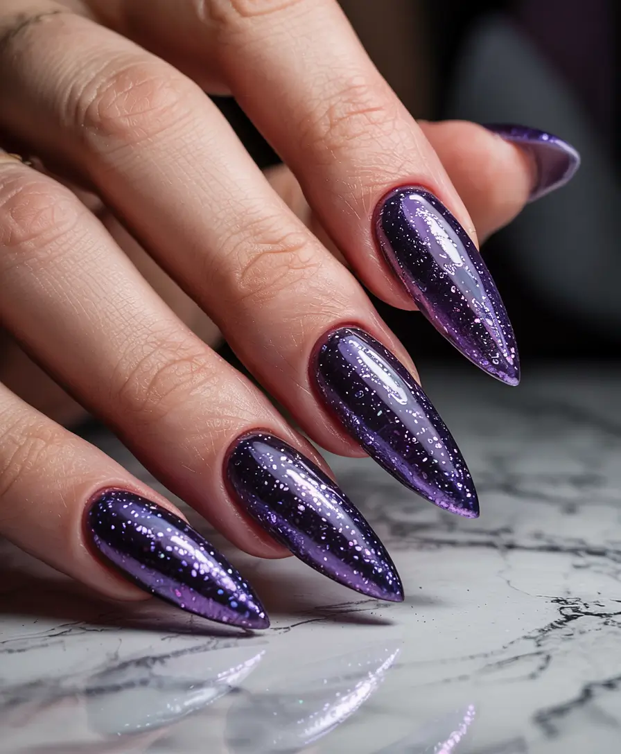 Dark Winter Nails Ideas 2025–2026 Galaxy Plum Sparkle