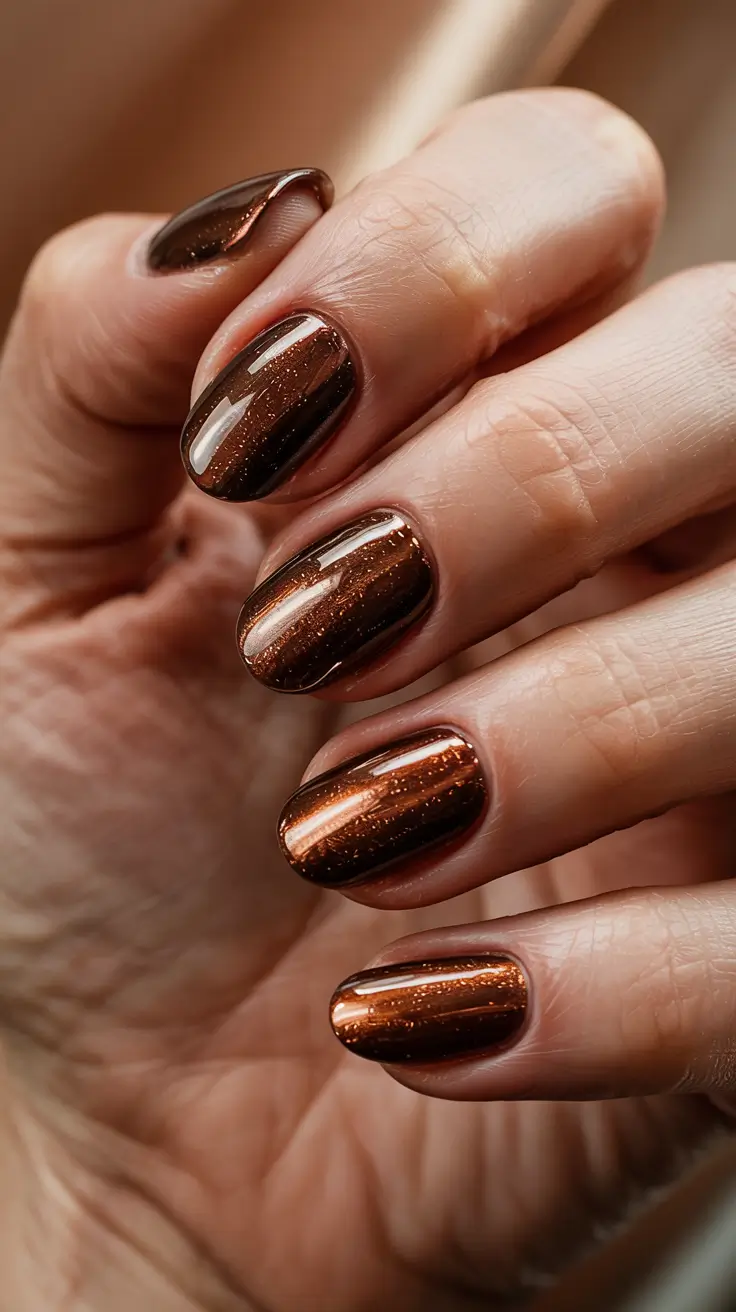Dark Winter Nails Ideas 2025–2026 Molten Bronze Chrome